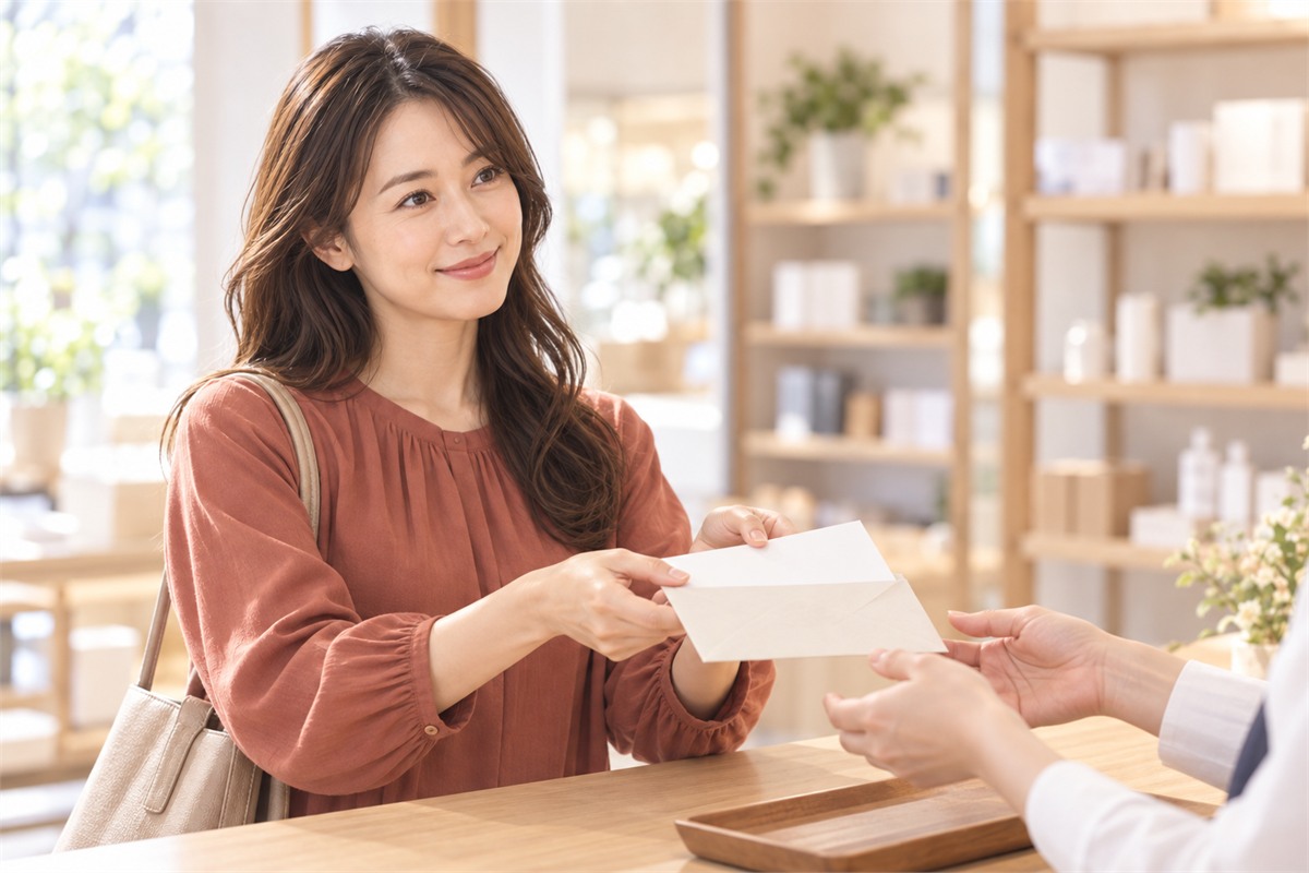 買取店のカウンターで封筒を差し出す女性