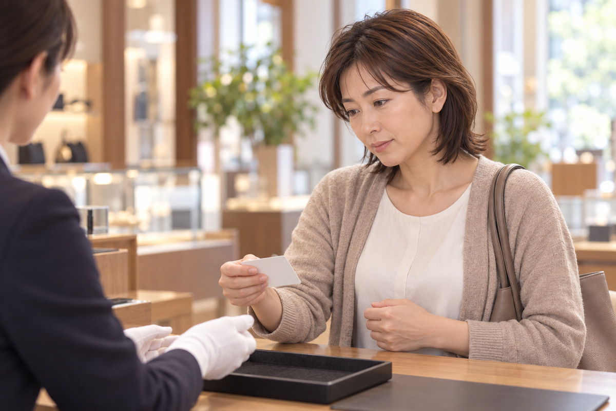 買取店のカウンターで、本人確認の書類を渡そうとして手を止める40代の女性