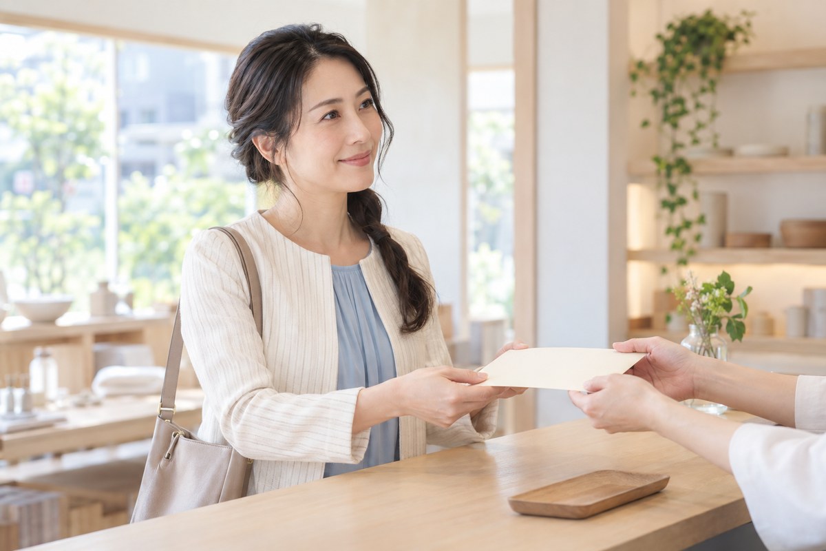 店のカウンターで封筒を受け取る女性