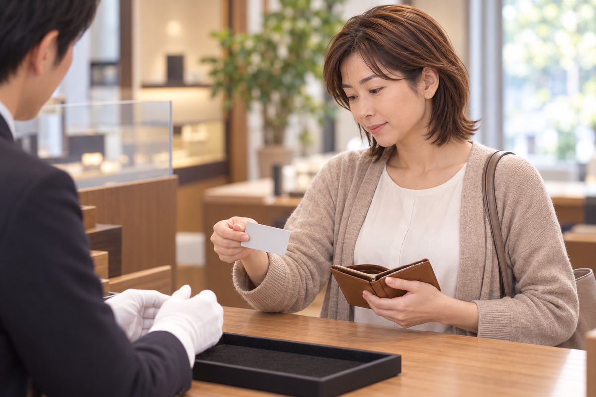 買取店のカウンターで、財布から運転免許証を取り出す30代の女性