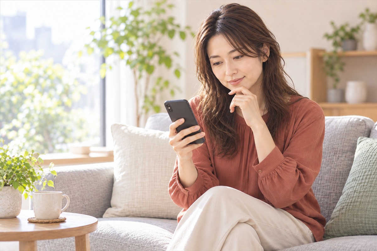 ソファでスマートフォンの画面を見て考える女性