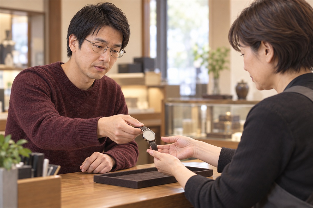 浦和の質屋のカウンターで腕時計を預ける男性