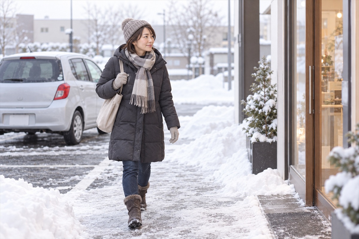 冬の札幌で車を停めて店へ向かう女性