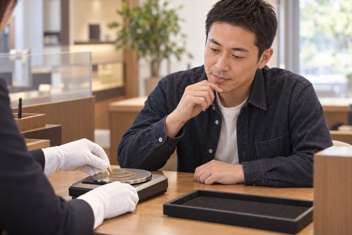 仙台の店で金のネックレスを査定に出す男性