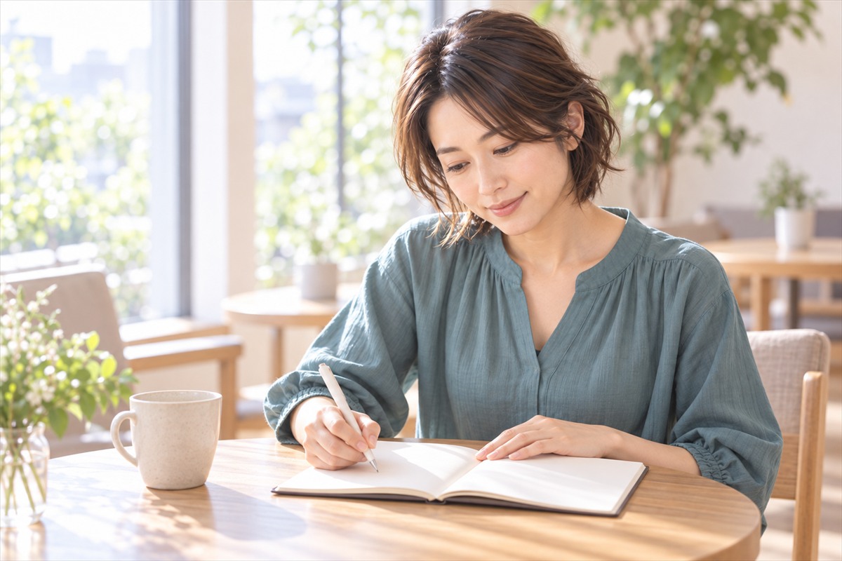 カフェで手帳に書き込む女性
