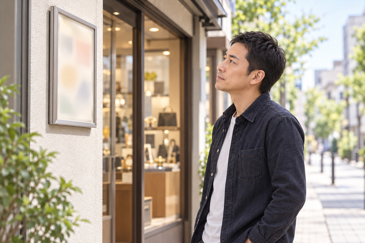 質屋の店先で、壁に掲示された許可証の額縁を見上げる40代の男性