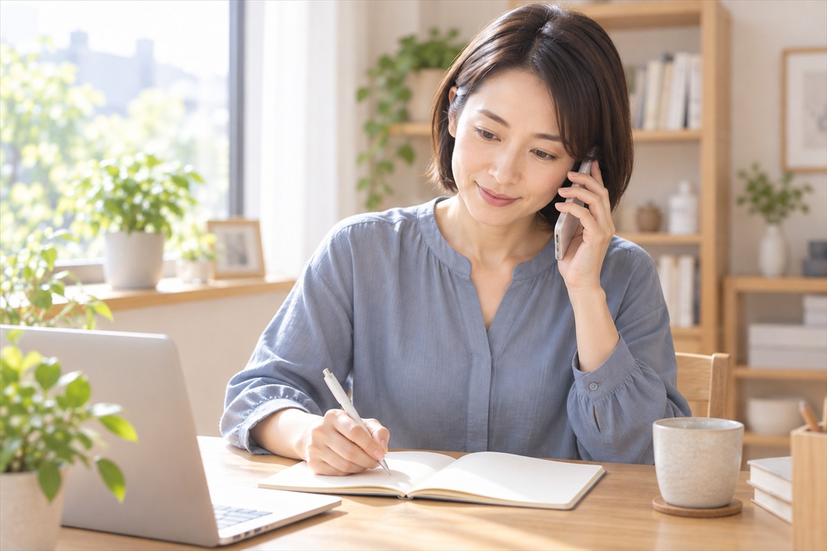 自宅の机でメモを取りながら電話する女性