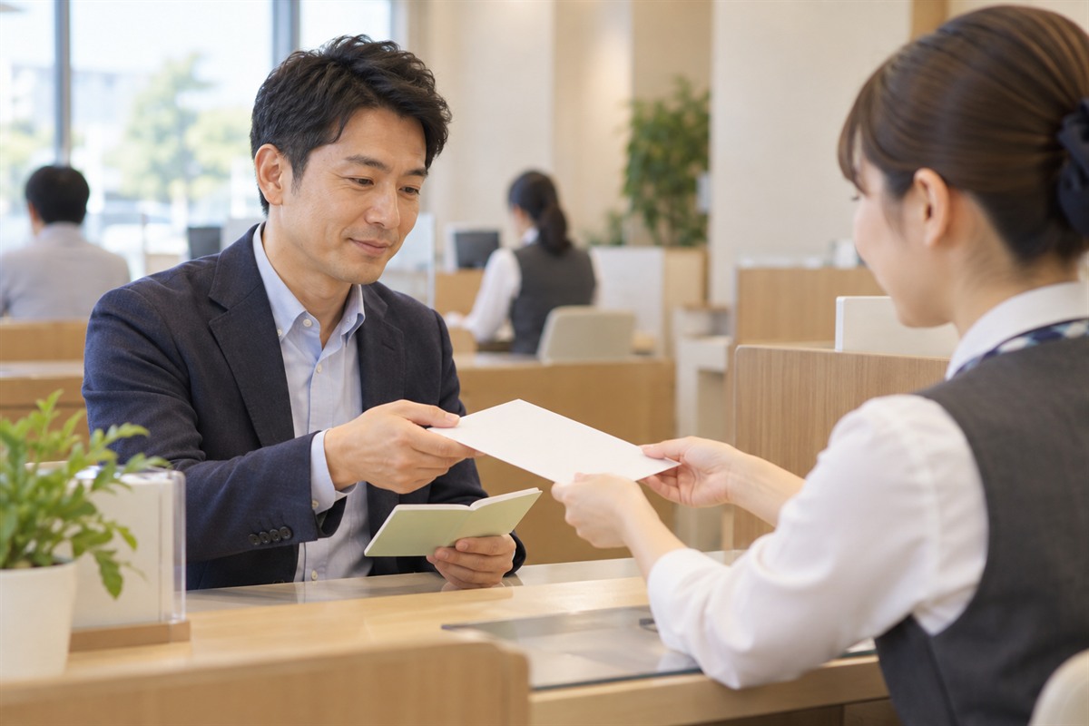 銀行の窓口カウンターで通帳を開き、案内のパンフレットを受け取る40代の男性