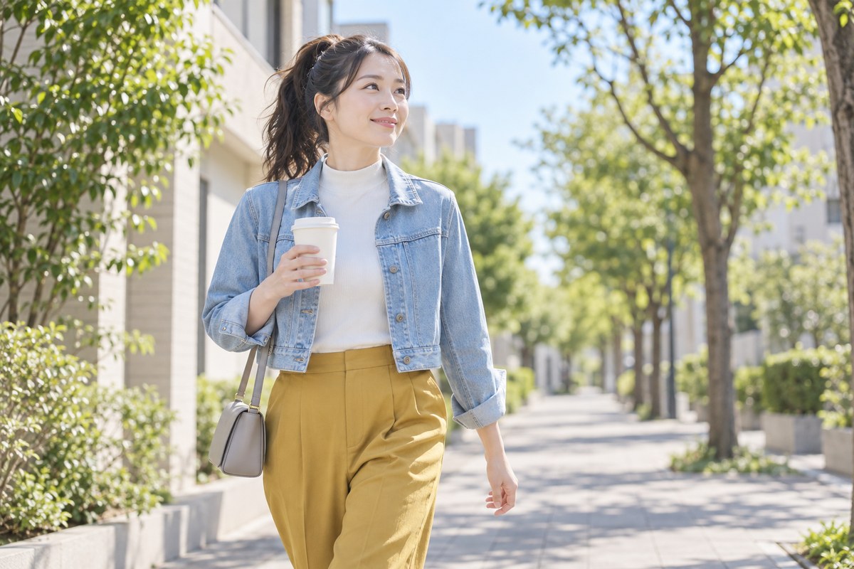 朝の歩道をコーヒーを持って歩く女性