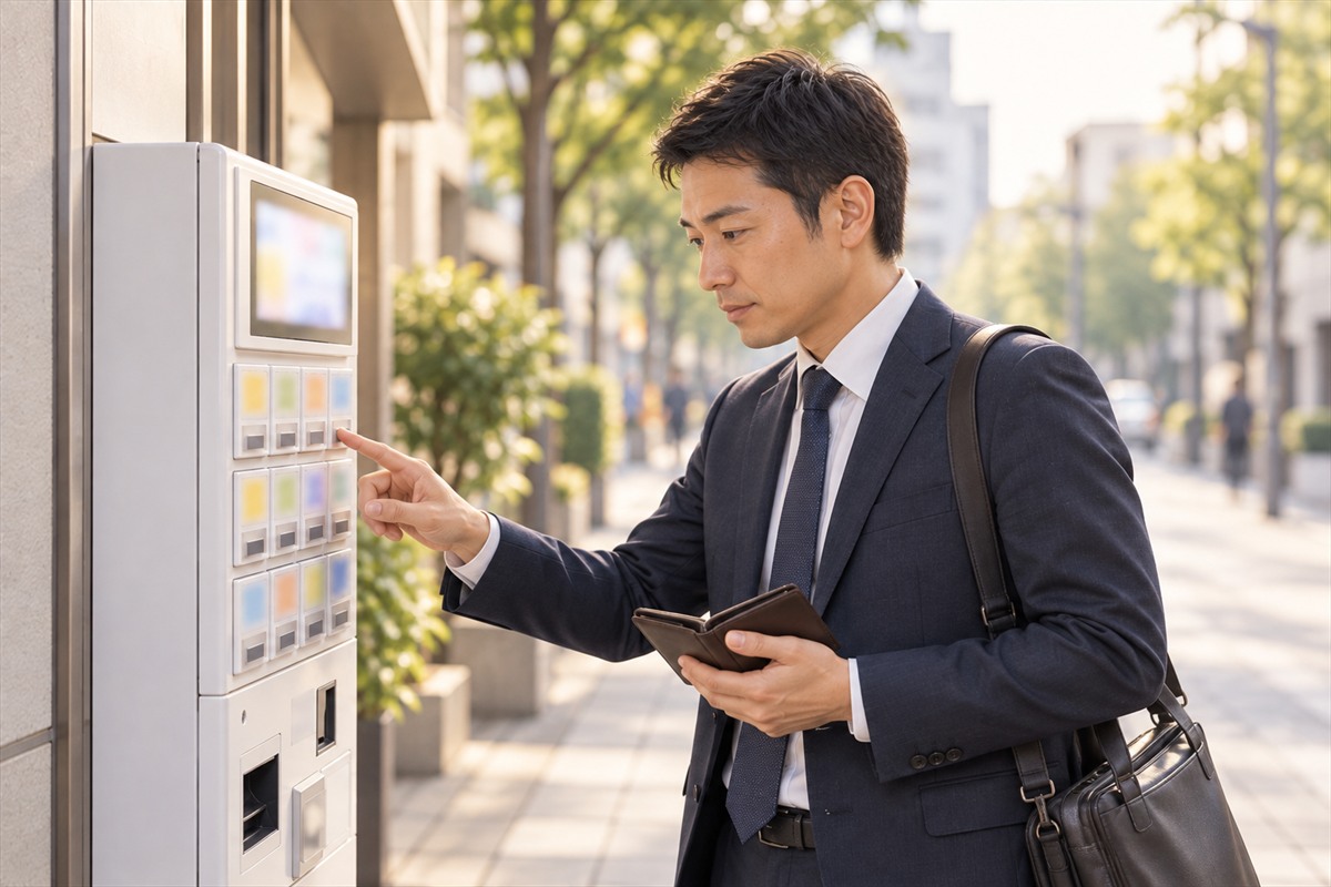 早朝の駅前で、金券の自動販売機の前に立つ通勤途中の30代の男性