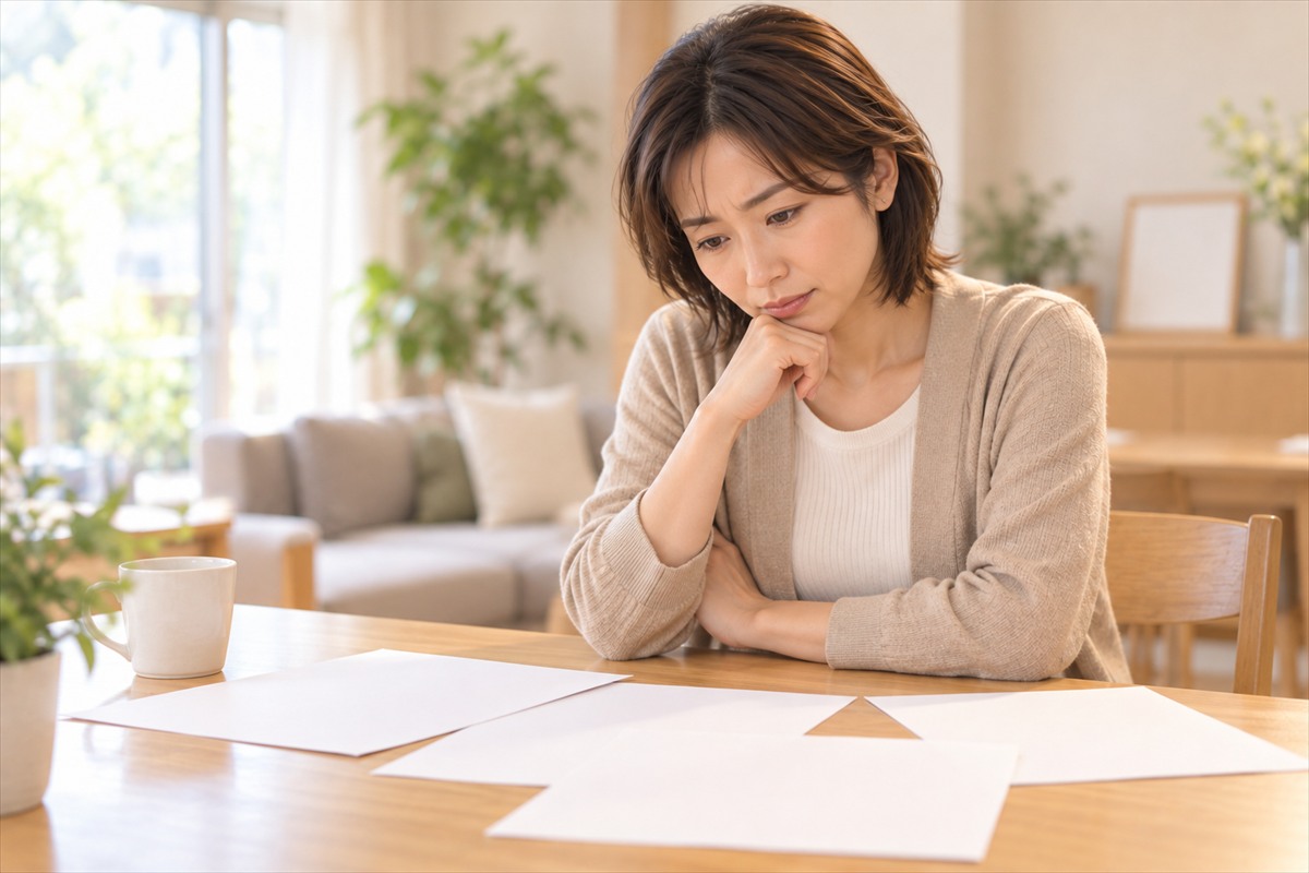 書類を前に腕を組んで考え込む女性