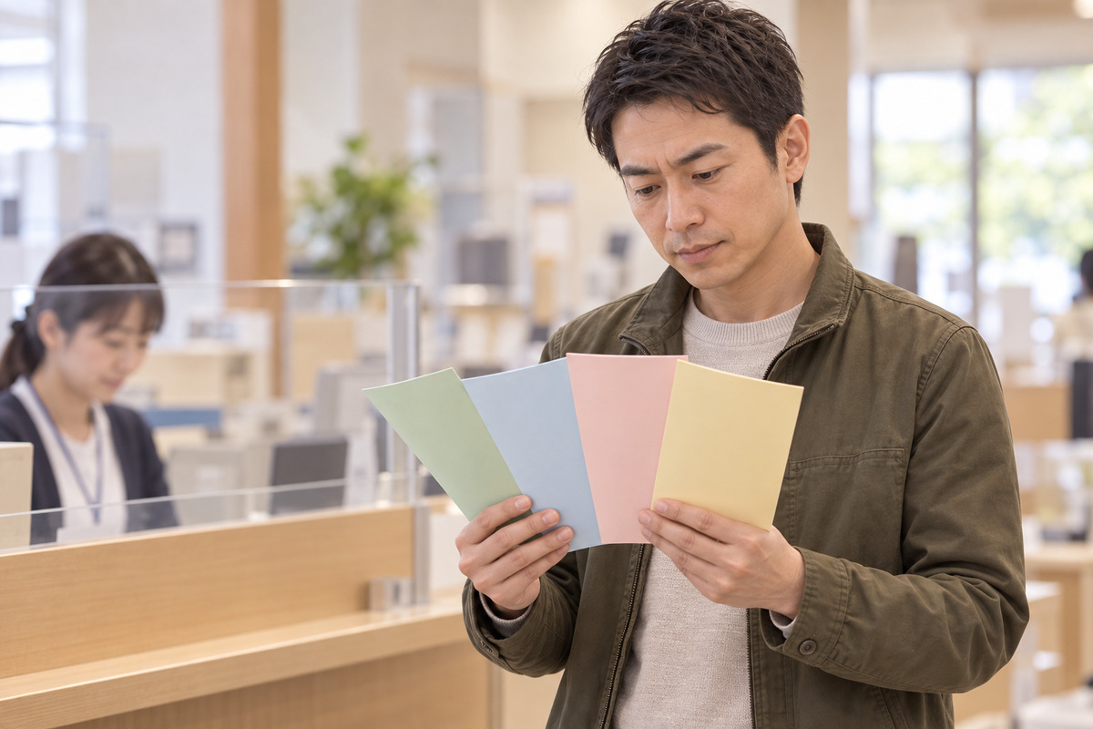 役所の相談窓口の前で、4種類の案内チラシを手に見比べる40代の男性