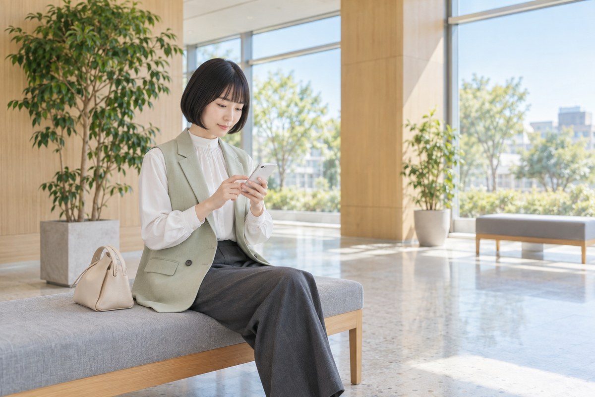 公共施設のロビーでスマートフォンを見ながら待つ女性