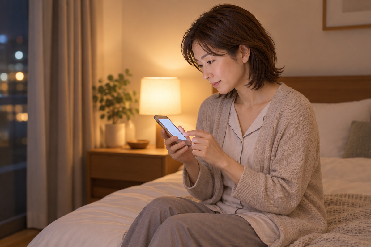 夜のベッドルームでスマートフォンのメッセージ画面に相談内容を打ち込む30代の女性