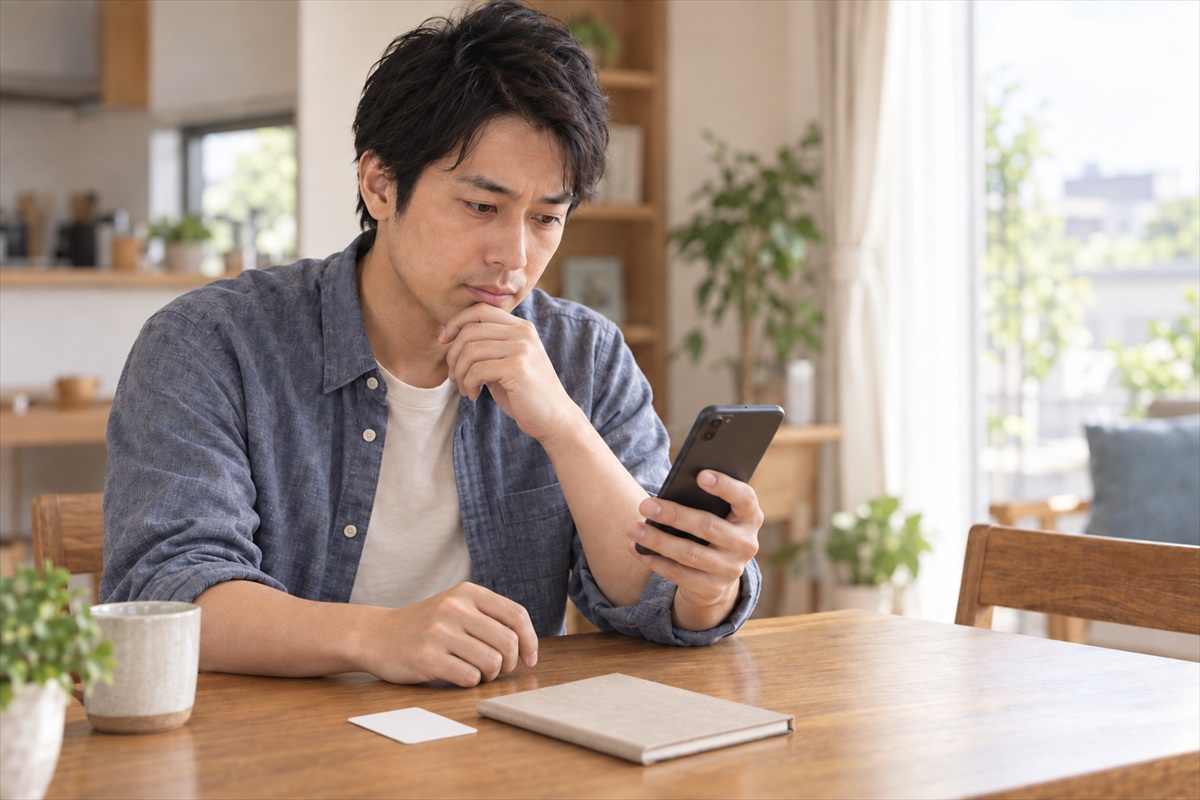 東京で申し込む前にスマホで注意点を確かめる男性
