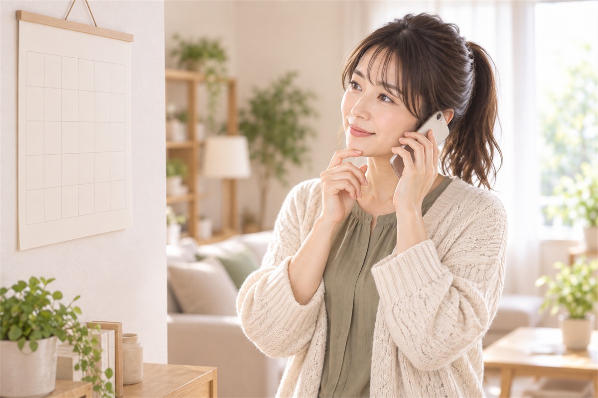 リビングのカレンダーの前で電話する女性