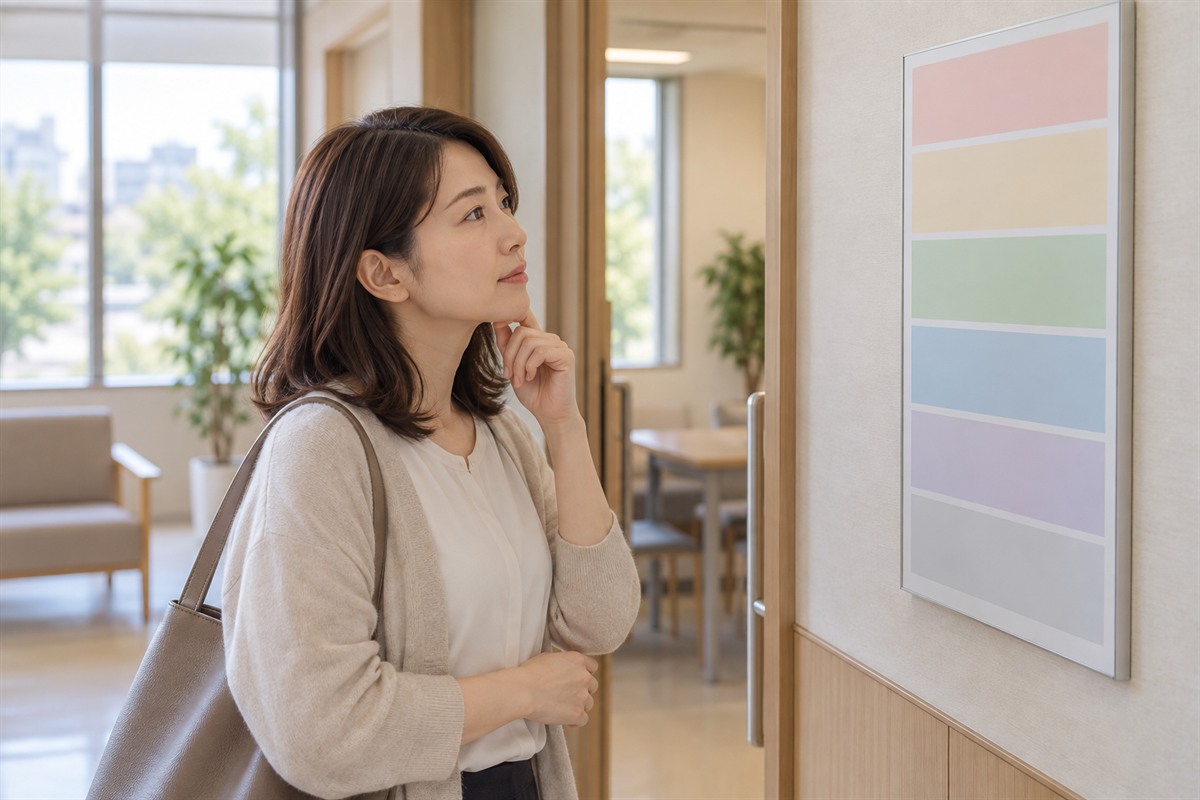 市役所の相談室の前で、壁に貼られた曜日の案内板を確かめる30代の女性