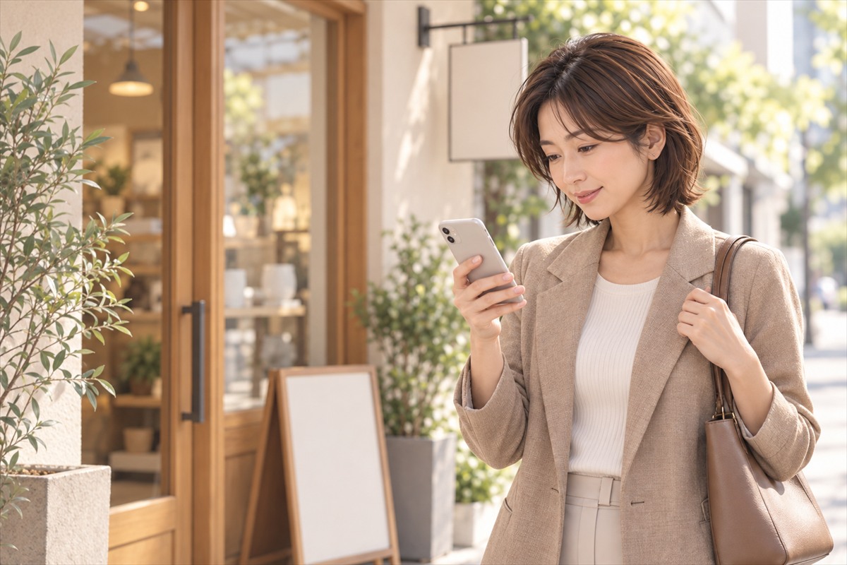 店の入口の前でスマートフォンを見て予約を確かめる女性