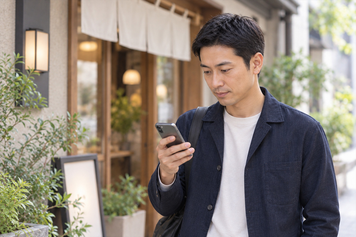 店の入口の前でスマートフォンの画面を見て予約時刻を確かめる30代の男性