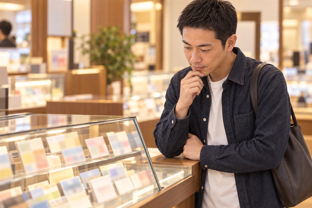 金券ショップのショーケースで新幹線きっぷの札を見比べる30代の男性