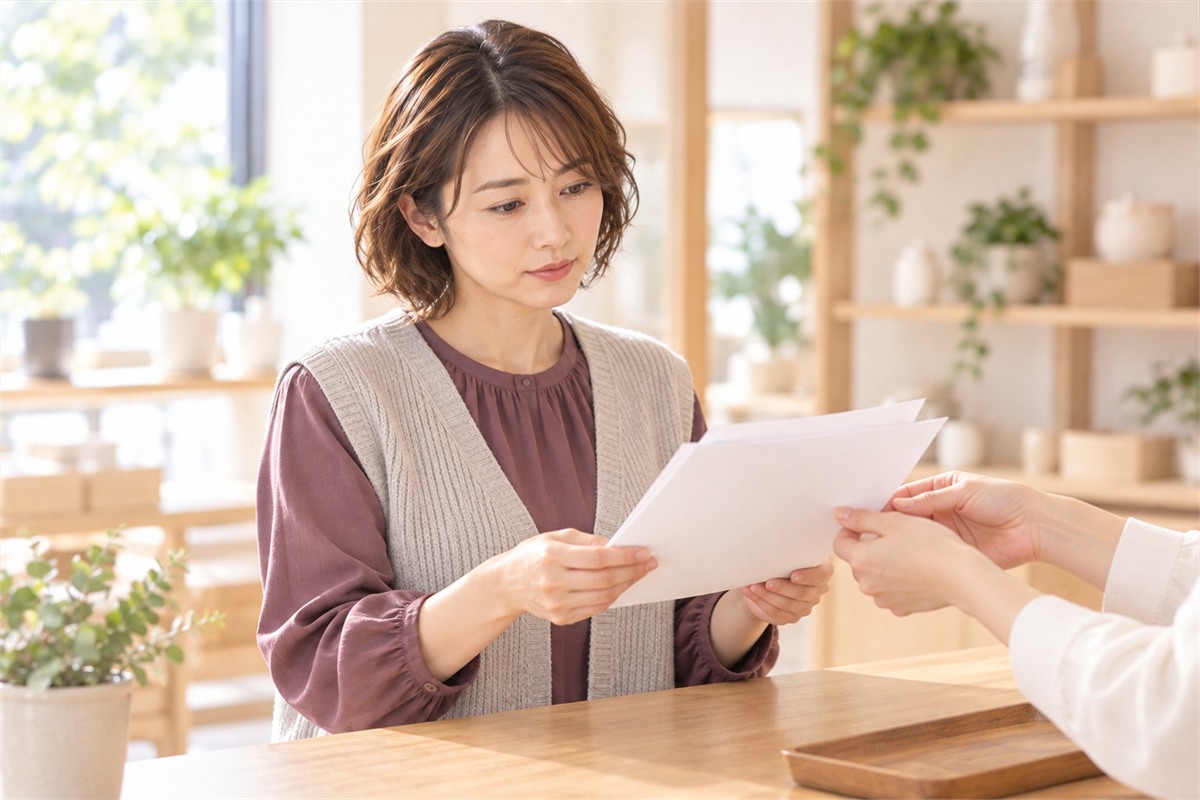 店のカウンターで書類を受け取り読む女性