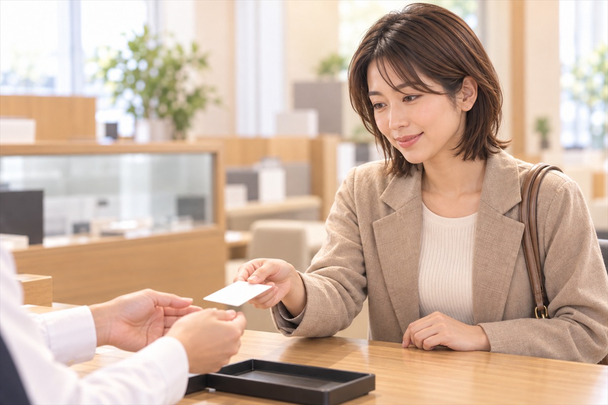 買取カウンターで係員に身分証を手渡す女性