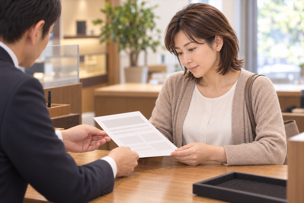 買取店のカウンターで、店員から振込の説明書を受け取る30代の女性