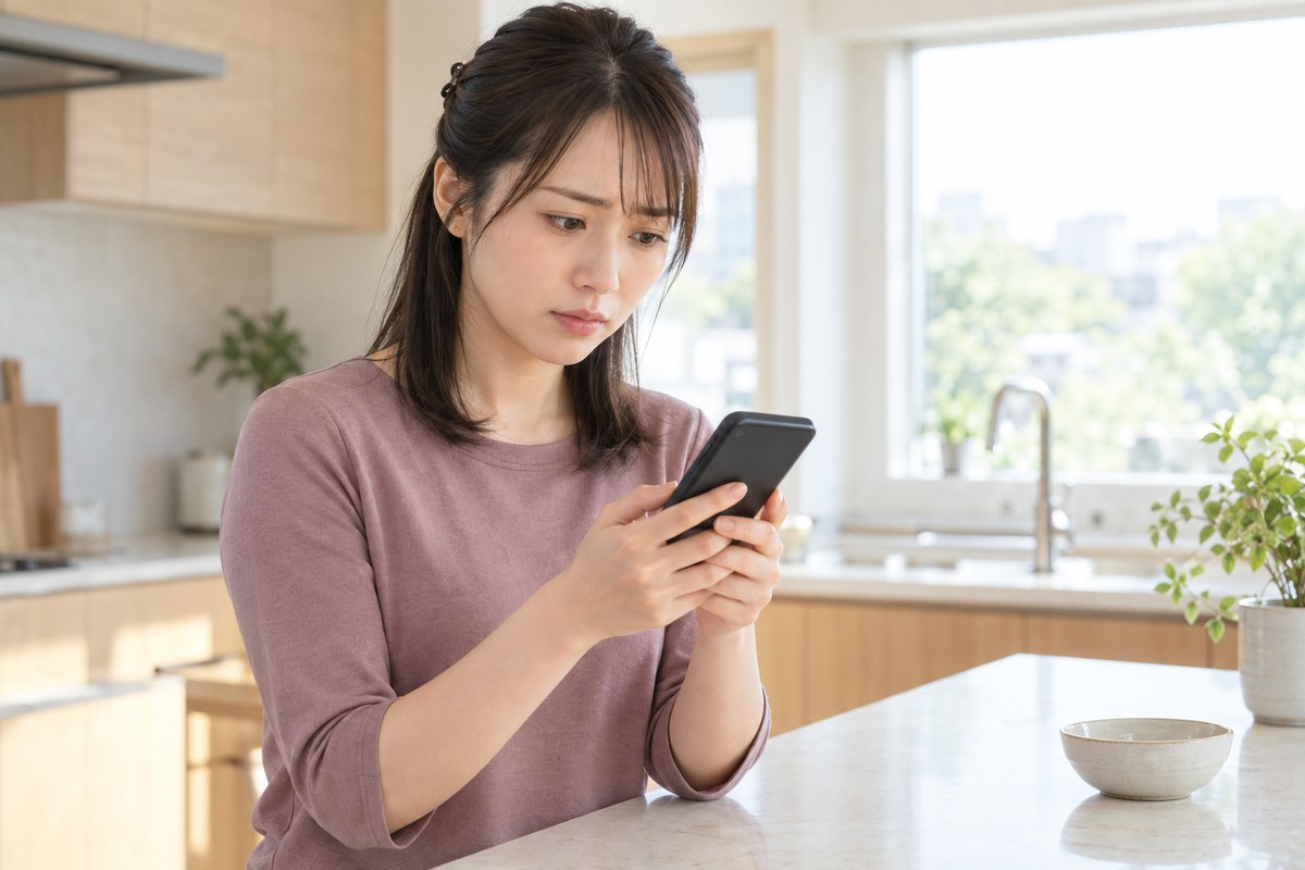 スマートフォンの画面を見て警戒する女性