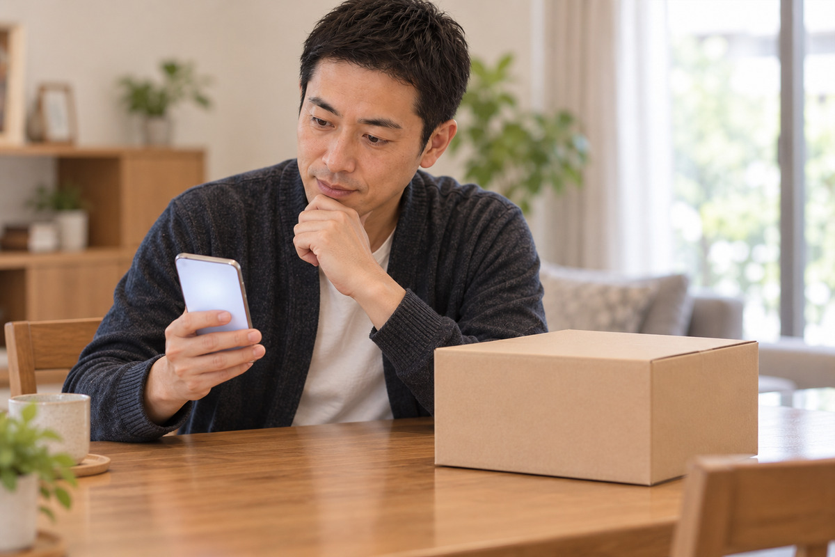 自宅のテーブルで届いた宅配の箱を前に、スマートフォンの申込画面を見つめる40代の男性