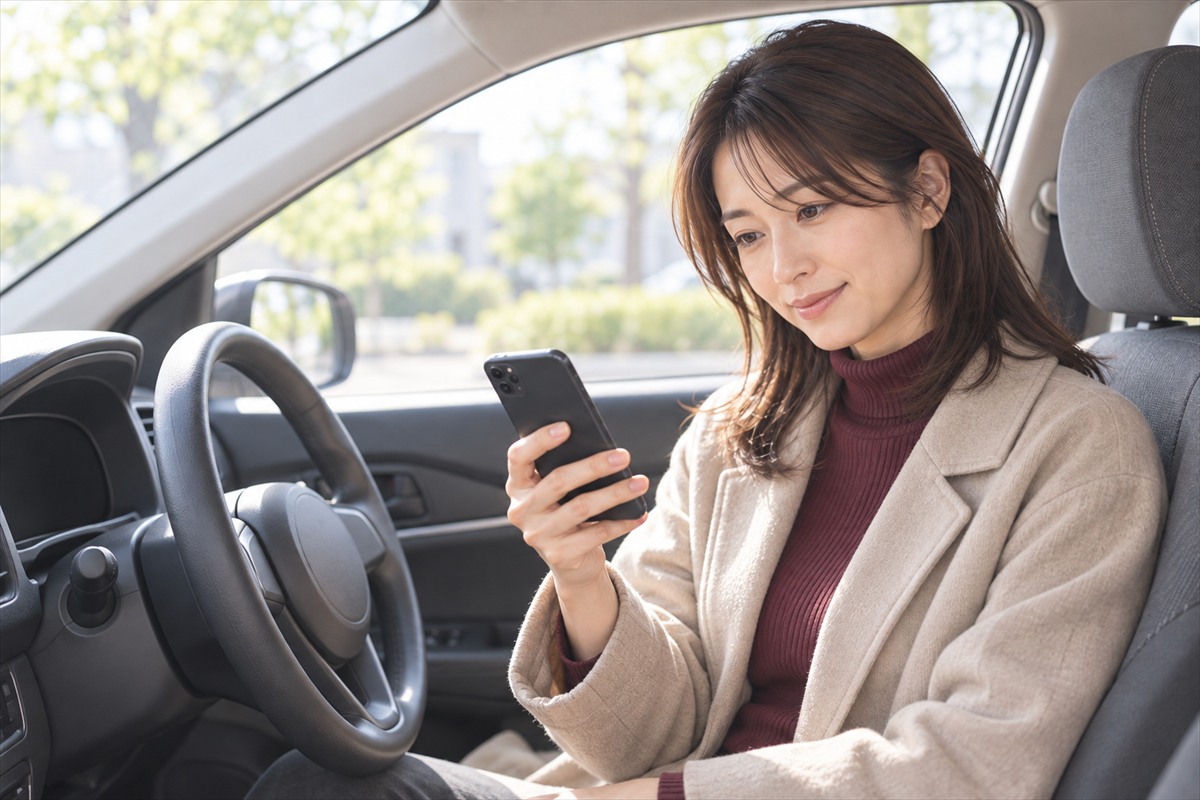 停車中の車の運転席でスマートフォンを確認する女性